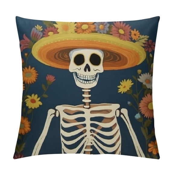 COMIO Skull Throw Pillow Cover,Mexican Day of The Dead Sombrero Hat Soft Square Cushion Case Covers Home Decor for Couch Sofa Bedroom Car Office Pillowcases