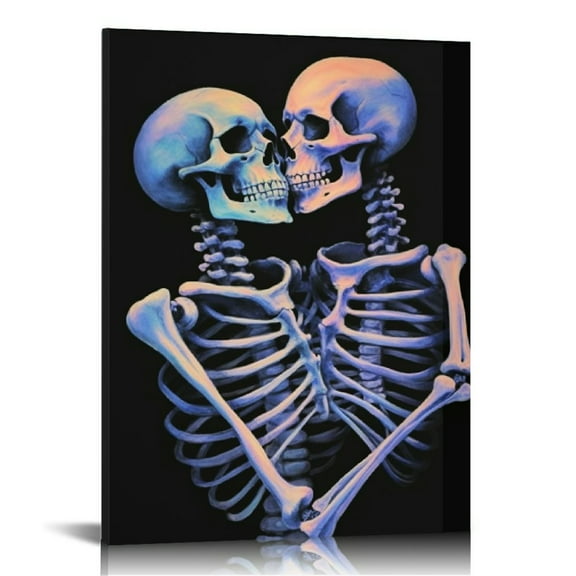 COMIO Skull Wall Art Abstract Kissing Skeleton Lovers Painting Art Prints Modern Romantic Bedroom Artwork Framed