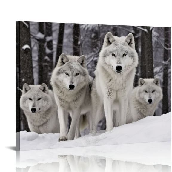 COMIO  Snow Wolf Canvas Wall Art - Wolf Family Sit on the Snowfield Painting Wild Animals Winter Forest Artwork Picture for Children Rooms Office Kitchen