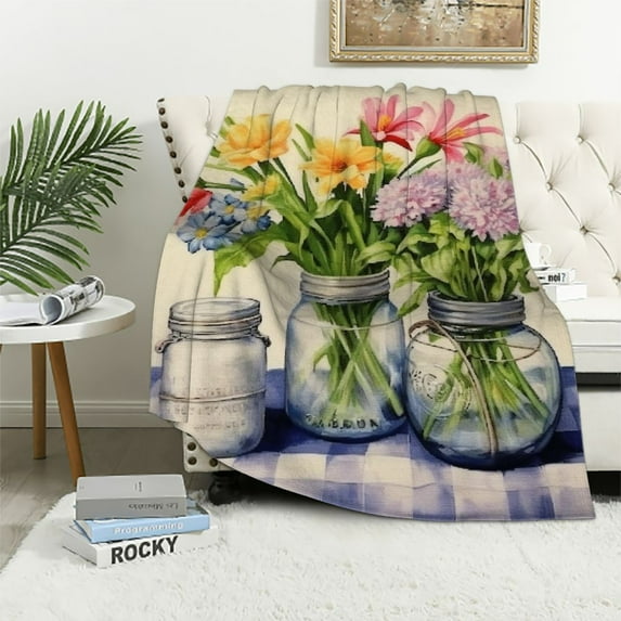 COMIO Soft Plush Blankets Spring Gray Buffalo Plaids Lavender Tulip Floral White