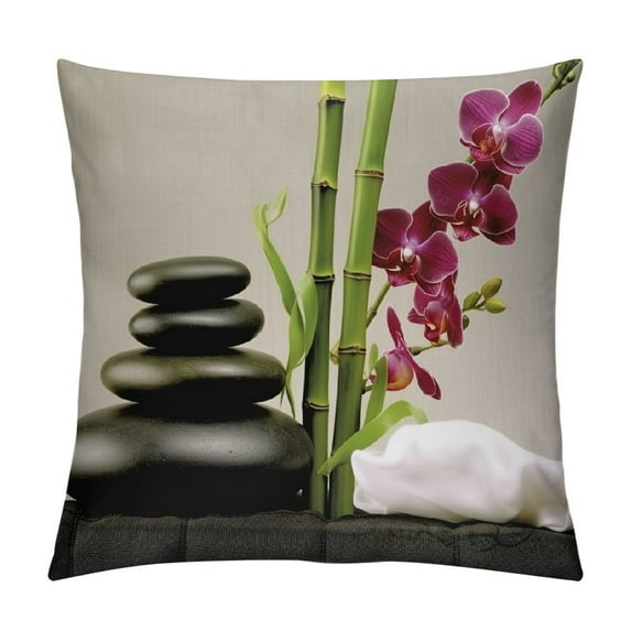 COMIO Spa Themed Throw Pillow Cushion Cover, Orchid Flowers in Fuchsia Color Palette and Exotic Stones Image Print, Decorative Square Accent Pillow Case, Black Green and Pink