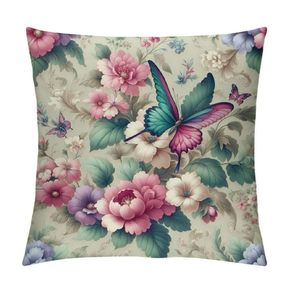 COMIO  Spring Colorful Flowers Eucalyptus Butterfly Throw Pillow Cover, Spring Cushion Case for Sofa Couch White