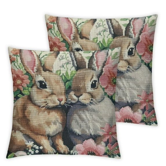 COMIO Spring Easter Pillow Covers Cute Bunny Pink Floral Green Leaf Print Decorative Throw Pillows Outdoor Rustic Easter Decorations Pillow Cases for Sofa Bed Living Room Decor &nbsp;2pc