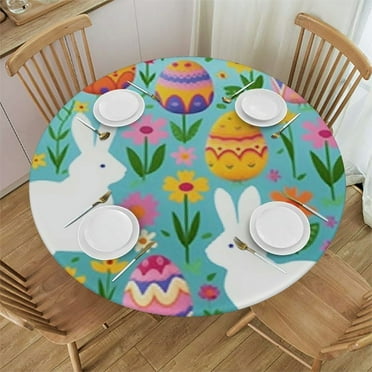 COMIO  Spring Easter Round Fitted Tablecloth Rabbit Egg Flower Table Cover with Elastic Edge Colorful Table Cloth Table Topper for Home Kitchen Dining