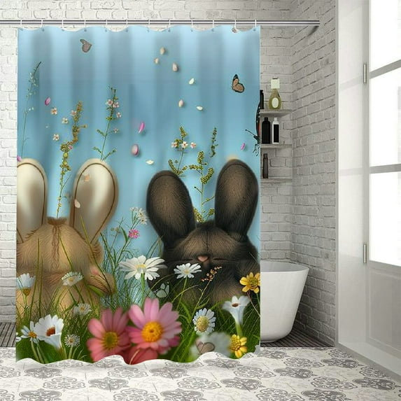 COMIO Spring Easter Shower Curtain Cartoon Two Bunny Rabbits Rush into The Bathtub Colorful Eggs Butterfly Decor Home Bathroom Bathtub Curtains with 12 Hooks
