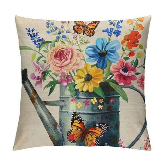 COMIO Spring Floral Pillow Cover Flower in Watering Can and Butterfly Decorative Throw Pillow Case Spring Outdoor Cushion Cover for Home Couch Sofa Farmhouse Decor
