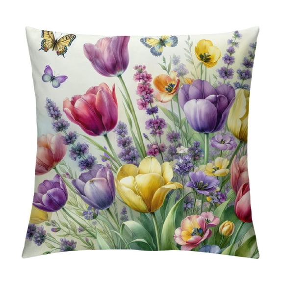 COMIO Spring Floral Pillow Cover,Tulips Lavender Flower Butterfly Throw Pillows Case Farmhouse Decorative Square Cushion Covers for Indoor Outdoor Couch Bed