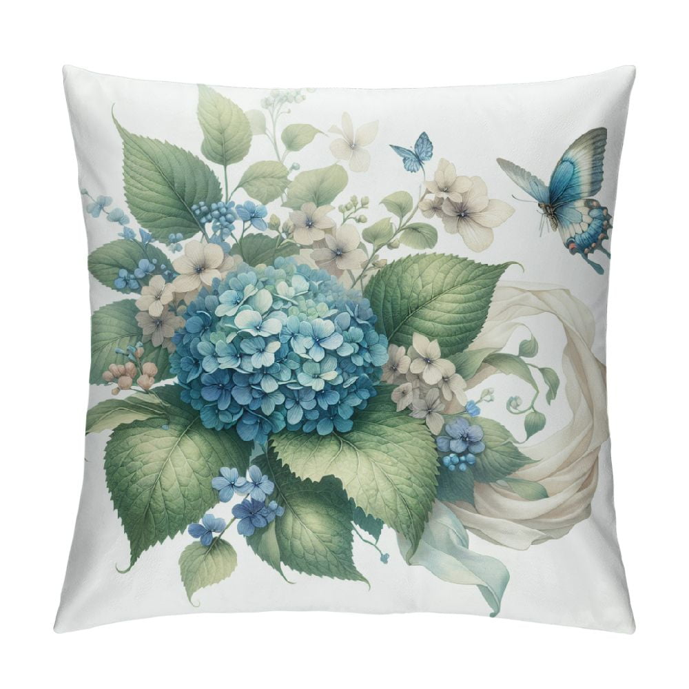 COMIO Spring Floral Pillow Covers Pink Blue Hydrangea Flowers Butterfly