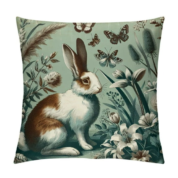 COMIO Spring Light Blue Easter Pillow Covers Rabbit Bunny Floral Leaf Butterfly Botanical Plants Print Decorative Throw Pillows Seasonal Pillow Cases Couch Bed Sofa Decor