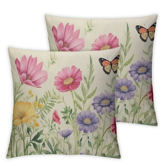 COMIO  Spring Lumbar Pillow Cover Multi-Colored-Flowers Butterfly Decorations Farmhouse Decorative White Cushion Case Decor for Home Sofa Couch