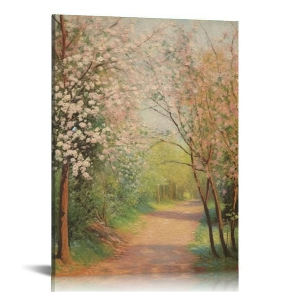 COMIO Spring Peach Tree Blossom Canvas Wall Art Print Vintage Spring Landscape Painting Classic Nature Painting Flower Tree Country Road Abstract Farmhouse Gallery Room Bedroom Bathroom Wall Decor