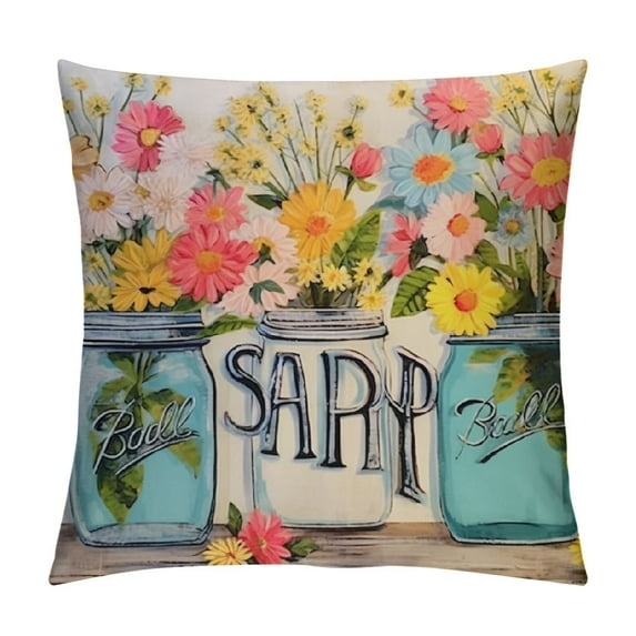 COMIO Spring Pillow Covers Hello Spring Mason Jar Flower Floral Throw Pillowcase Seasonal Summer Home Sofa Bedroom Living Room Holiday Decor Cushion Case