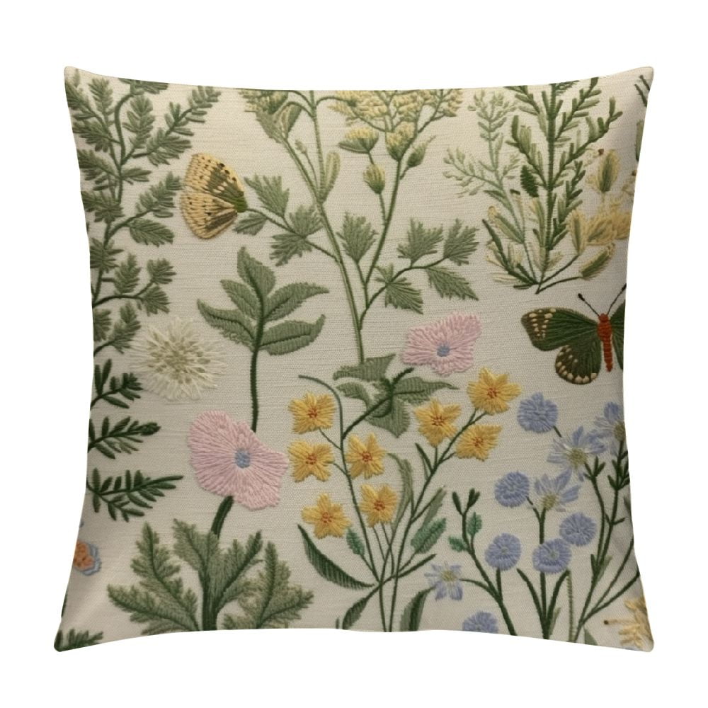QZHH Spring Pillow Covers,Sage Green Wild Flower Plant Throw Pillows Case,Seasonal Floral