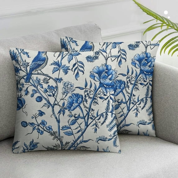 COMIO Spring Pillow Covers, Summer Blue Flowers Throw Pillows Chinoiserie Leaf Plant Floral Decorations Farmhouse Pillowcase Outdoor Decor Spring Cushion Case for Couch Sofa Room,2 pcs White