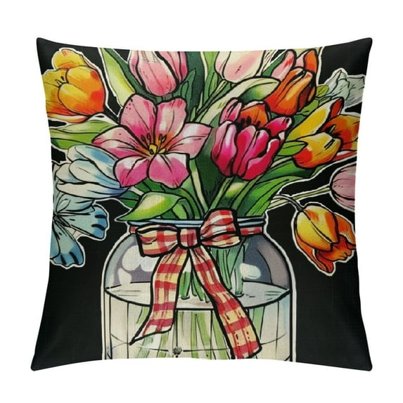 COMIO Spring Summer Gnome Decorative Throw Pillow Covers Tulip Flower Mason Jar Gather Bloom Cushion Case Decor, Floral Pot Butterfly Seasonal Home Decoration for Sofa Couch
