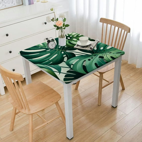 COMIO Spring Summer Tropical Green Leaf Waterproof Resistant Fabric Square Tablecloth White