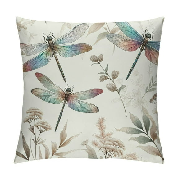 COMIO Square Decorative Throw Pillow Case Cushion Cover, Dragonfly Bloom Bouquet Spring Soft Pillowcase