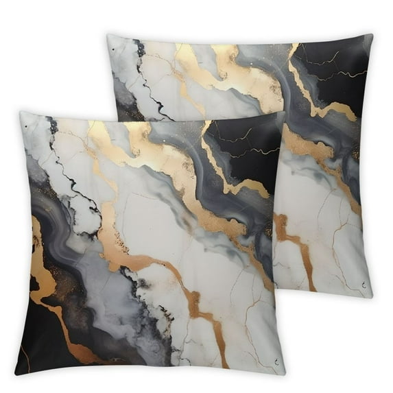 COMIO Square Modern Abstract Black and Gold Fluid Lines Marble Painting White Grey 2-Piece Short Plush Pillowcase Set White