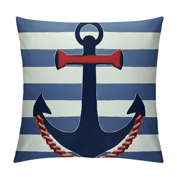 YANMS Square Nautical Red Anchor On Navy Blue Stripes Throw Pillow Cover Decorative Pillow Cover Perfect Decor Gift for Sofa Bedroom Home Decoration