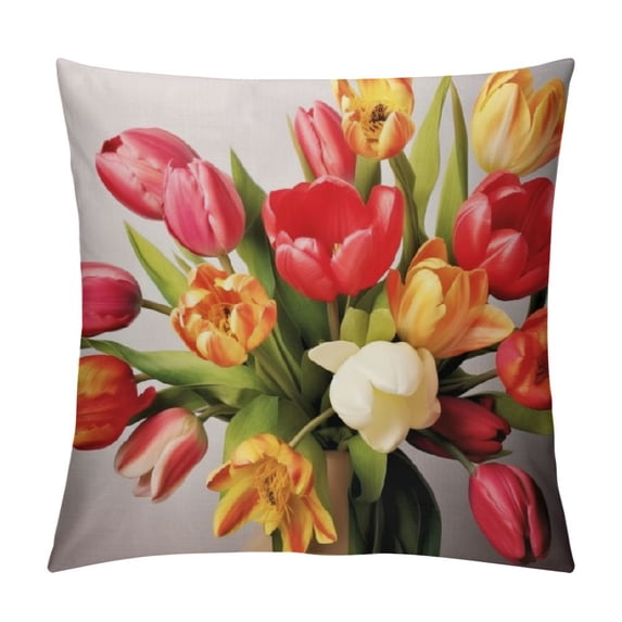 COMIO  Square Throw Pillow Covers Beautiful Tulips Flowers Vintage Floral Design Pillow Cases Decorative for Home Bedroom Sofa Pillowcases Standard