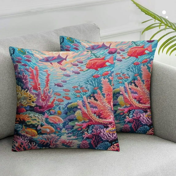 COMIO Square Throw Pillow Covers Set of 2 Coral Submarine Ocean Fishes Pillow Cases Square Pillowcases Cushion Covers for Sofa Couch Bed Car Decoration White