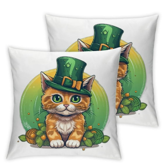 COMIO  St.Patricks Day Pillow Covers Set of 2,Cat Clover Lucky Decorations Holiday Spring Decorative Pillow Case Decor for Sofa Couch White