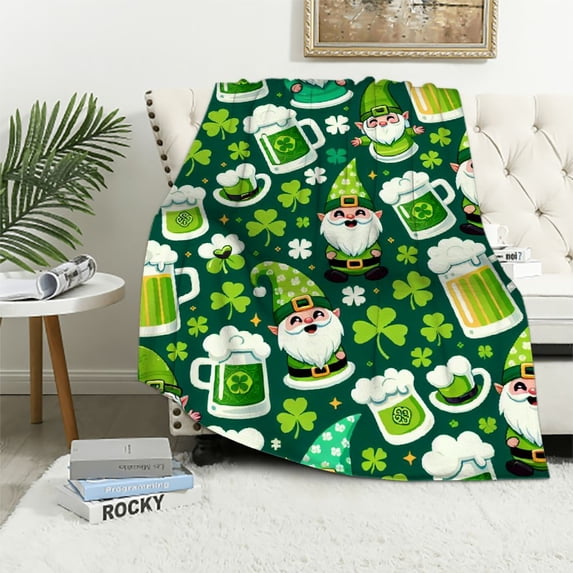 COMIO St Patricks Day Throw Blanket Soft Shamrocks Gnomes Beer Irish Blanket and Throws Fluffy Comfy Cozy Saints Throw Blanket for Bed Sofa Couch Saint Patricks Day Party Decor Office Ornament