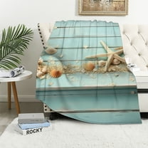 COMIO Starfish Seashell Sherpa Blanket,Conch Sea Shell Blanket Coastal Animal Throw Blanket for Bed Chair Retro Rustic Farmhouse Blanket Teal Wooden Striped Fuzzy Blanket Kids Boys Girls