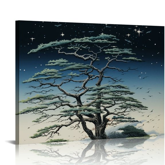 COMIO Startonight Canvas Wall Art Abstract - A-M-A-Z-I-N-G Blue Moon and Tree Landscape Painting - Large Framed