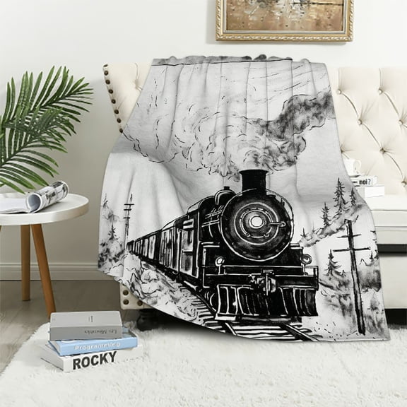 COMIO Steam Engine Throw Blanket, Black and White Old Train on Railroad Sketch Effect Vintage Traveling Print, Flannel Accent Piece Soft Couch Cover for Adults, White Black