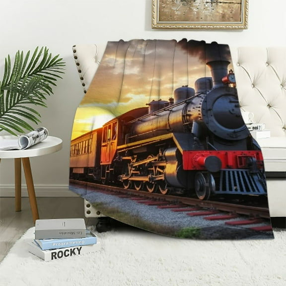 COMIO Steam Train Old Engine Train Throw Blanket Flannel Super Soft Warm Blankets Home Decor All Season for Bedroom Couch Living Room