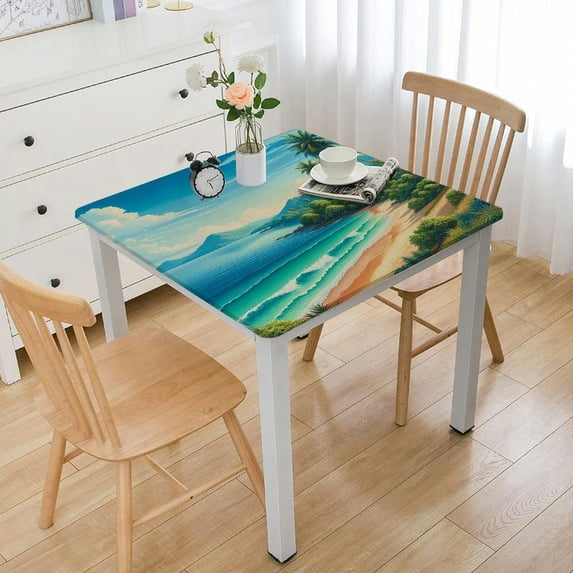 COMIO Summer Beach Theme Palm Tree Tropical Sandy Sea Ocean Vocation Natural Plant Full Width Single-Sided Printing Square Tablecloth White