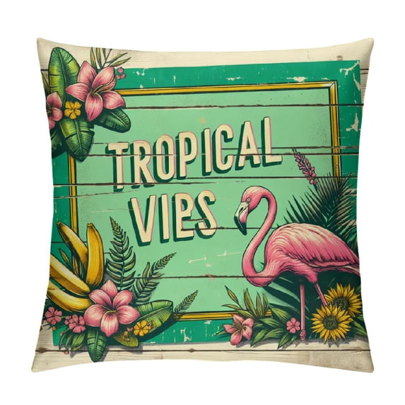 COMIO Summer Holiday Quote Pillow Cover Colorful Cartoon Summer Tropical Floral Fruits Flamingo Parrot Throw Pillow Case Weathered Wood Cushion Cover Summer Nursery Decorations
