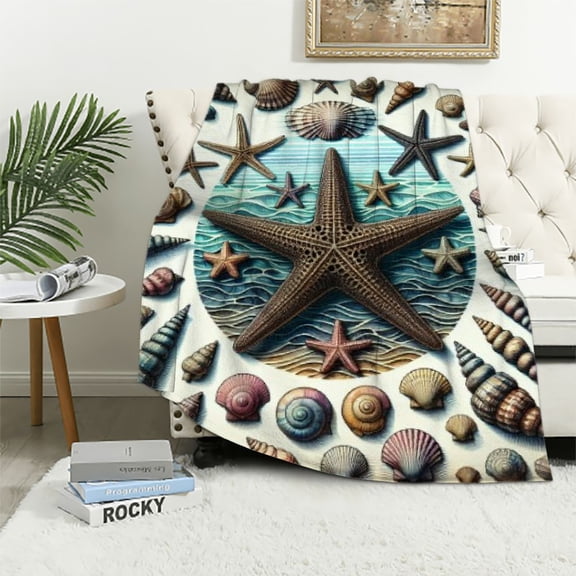 COMIO Summer Seashell Flannel Throw Blankets, Beach Starfish Super Warm Soft Bed Blanket All Season