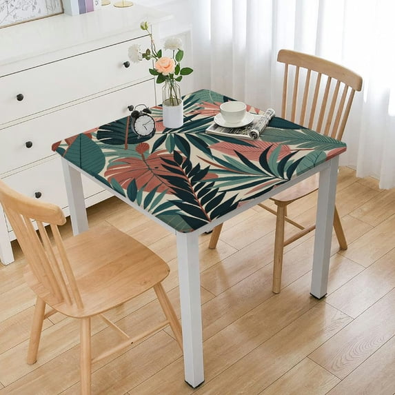 COMIO Summer Tropical Leaves Hawaiian Style Coral Orange Aqua Blue Leaf Print Decorative Outdoor Fitted Square Tablecloth, 44in-60in White
