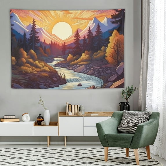 COMIO Sun Mountain Tapestry Trippy Forest Tree Tapestry Vintage Aesthetic Plant Tapestry Magic River Wall Tapestry Nature Landscape Tapestry Wall Hanging for Bedroom