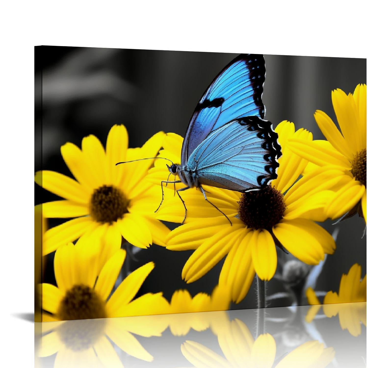 COMIO Sunflower Canvas Wall Art Black and White Yellow Flowers and Blue ...