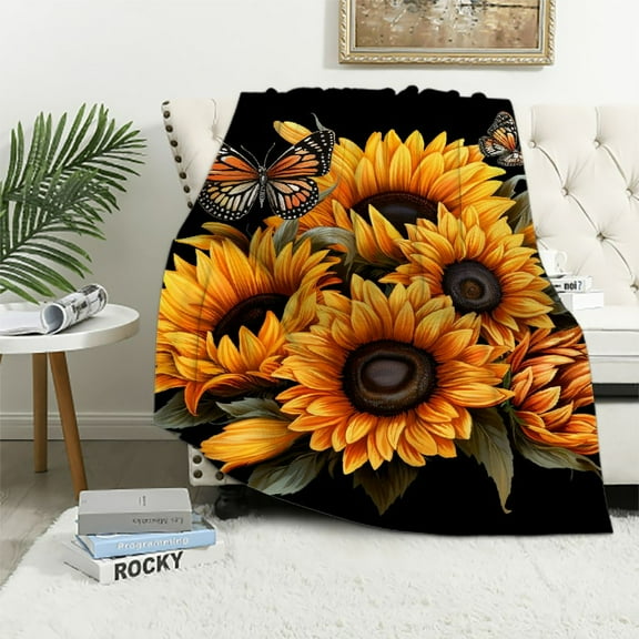 COMIO Sunflower Floral Blanket for Women Kids Girls Wife Sister Butterfly Yellow Flower Plush Throw Valentines Birthday Bedroom Bed Decor