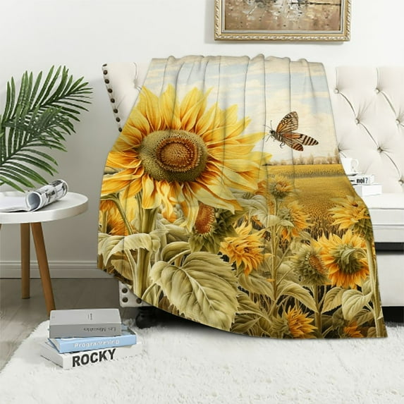 COMIO Sunflower Gifts for Women, Sunflower Butterfly Throw Blanket Super Soft Flannel Throw Blanket Lightweight Fluffy Plush Fuzzy Bed Blanket for Bedding Sofa and Travel