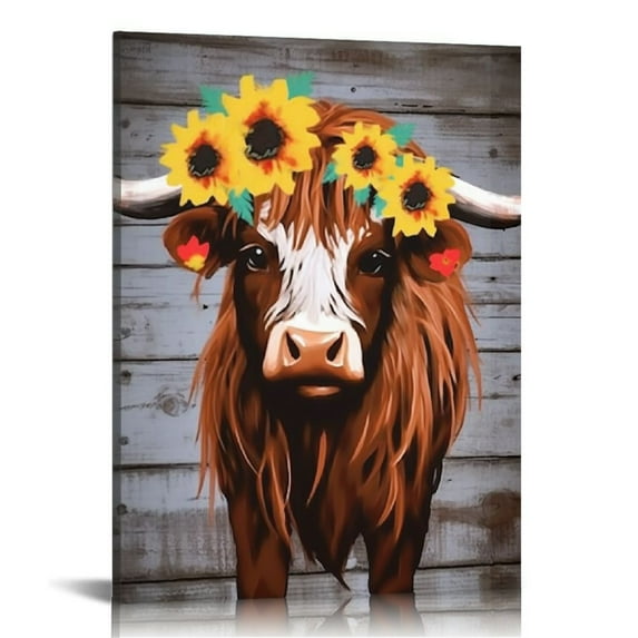 COMIO Sunflower Highland Cow Wall Art: Funny Farm Animal Canvas Picture Painting, Rustic Farmhouse Artwork Decor Bathroom Decoration, Cute Brown Cattle Poster Print for Home Kitchen Bedroom