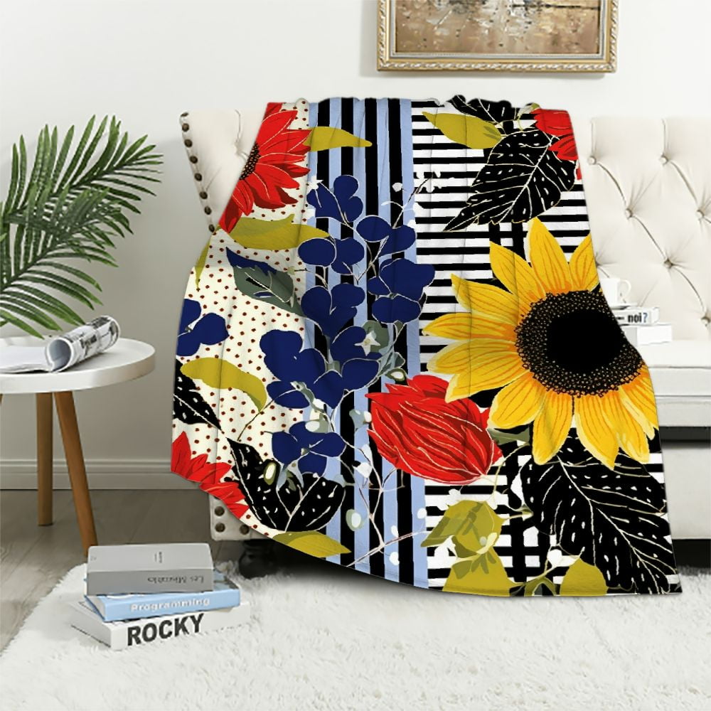 COMIO Sunflower Stripe Throw Blanket for Couch Sofa, Fuzzy Soft Cozy ...