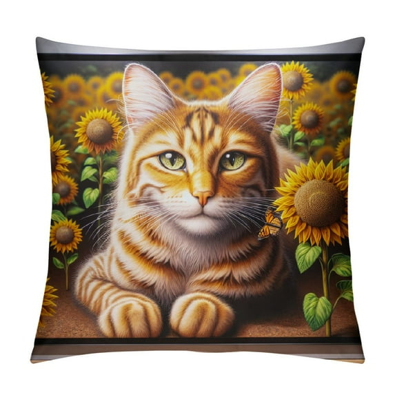 YANMS Sunflower Throw Pillow Cover Cute cat in Yellow Flower Butterfly Funny Cottage Yellow Cozy Square Large Living Room Decor Bedroom Patio Couch Pillow Cases