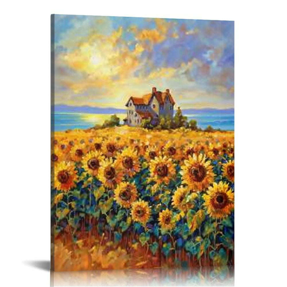 COMIO Sunflower Wall Art Painting for Living Room Yellow Rustic Flower ...