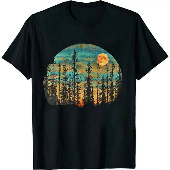 COMIO Sunset Pine Tree Tshirt Women Camping Tshirt Retro Sun Print Graphic Tee Casual Short Sleeve Top
