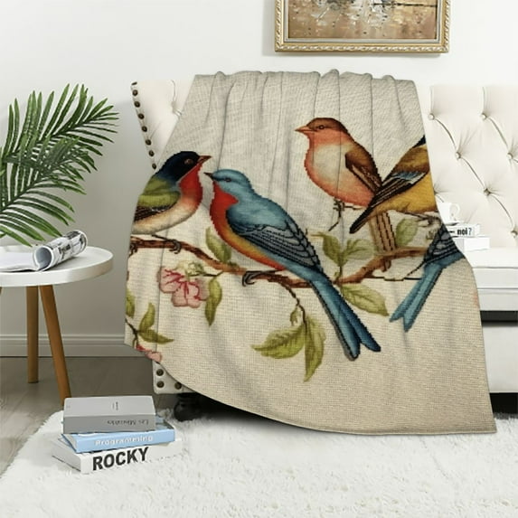 COMIO Super Soft Vintage Bird Style Flannel Blanket (Universal 1) White