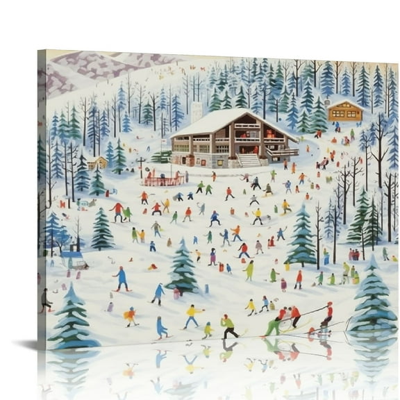 COMIO  Sylvie Après Ski Framed Canvas Wall Art by Michael Storrings, White, Winter Snow Ski Resort Art for Wall