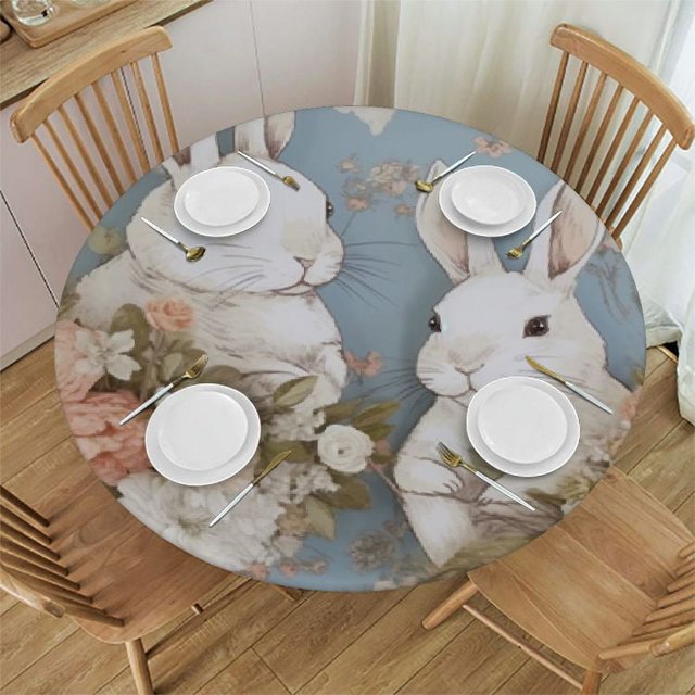 COMIO Table Covers with Elastic Edge,Easter Bunny Spring Blue Flower