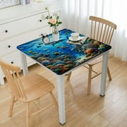 COMIO Tablecloth Under Sea Fish Sharks, Square Table Cover, 100% Polyester Fiber, Waterproof and Wrinkle Resistant, Easy to Clean, Fits 44in, 48in, 54in, 60in Square Tables White