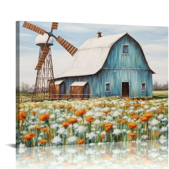 COMIO Teal Barn Canvas Wall Art: Rustic Barn Bathroom Decor Old Barn Pictures Wall Art Framed for Farmhouse Bedroom Ready to Hang (20"x16"x1 Panel)