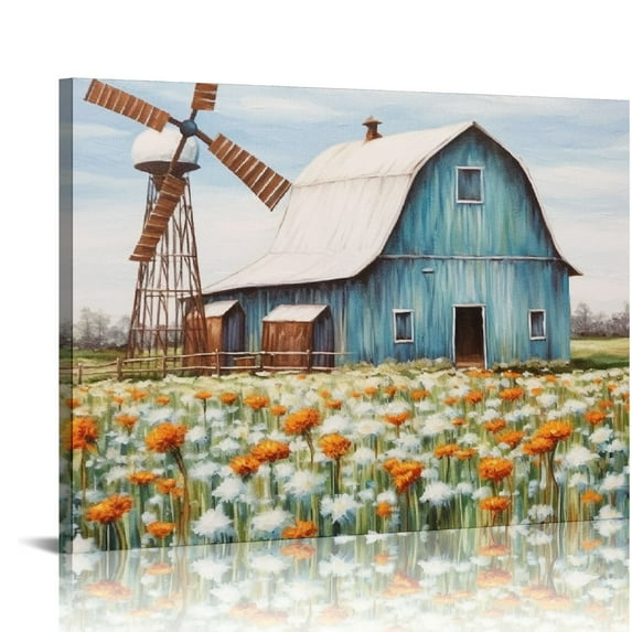 COMIO Teal Barn Canvas Wall Art: Rustic Barn Bathroom Decor Old Barn Pictures Wall Art Framed for Farmhouse Bedroom Ready to Hang (20"x16"x1 Panel)